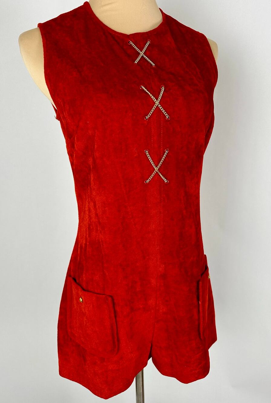 VTG 60s Mod GoGo Romper Womens M Red Orange Suede Playsuit Space Age Retro Disco